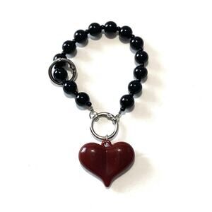 Black Red Puffy Heart Bag Charm Key Ring Beaded 6.5"